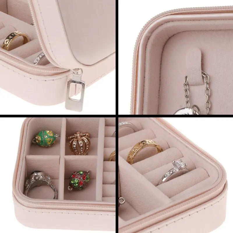 

Portable Jewelry Box Zipper PU Storage Organizer Jewelry Holder Packaging Display Travel Jewelry Case Gift Boxes For Women (Pink