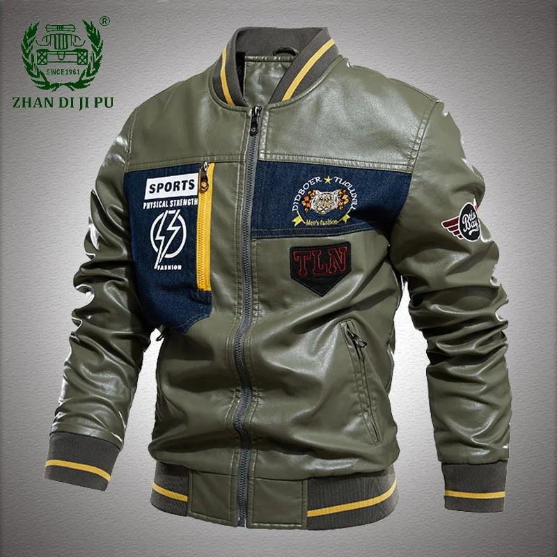 

Moto Spliced Fleece Leather Jacket Men Winter Embroidery Baseball PU Jackets Male Biker Vintage Warm Coats Mens Bomber Clothing