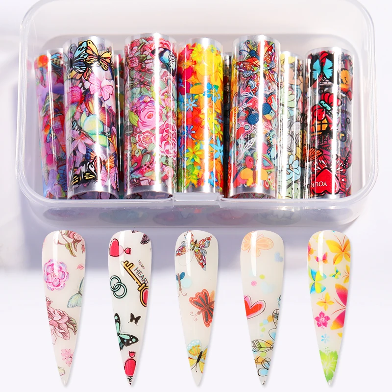 10 рулонов/коробка наклейки из фольги для ногтей цветы бабочки смешанные узоры