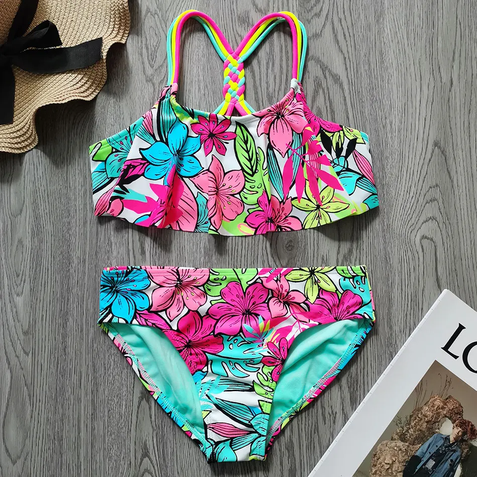 

Flounce Girl Swimsuit Kids Tropical Floral Girl Bikini Set Two Piece Children's Swimwear 4-18 Years Girls Bathing Suit Beachwear