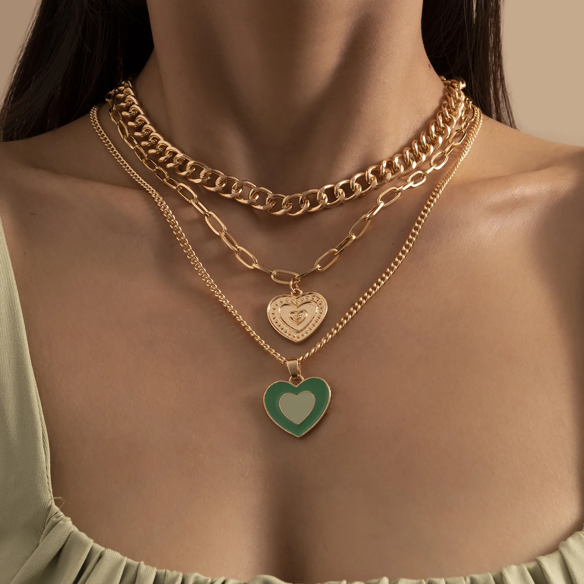 

IngeSight.Z Sweet Double Love Heart Pendant Necklaces Multi Layered Chunky Thick Chain Choker Necklaces Set for Women Jewelry