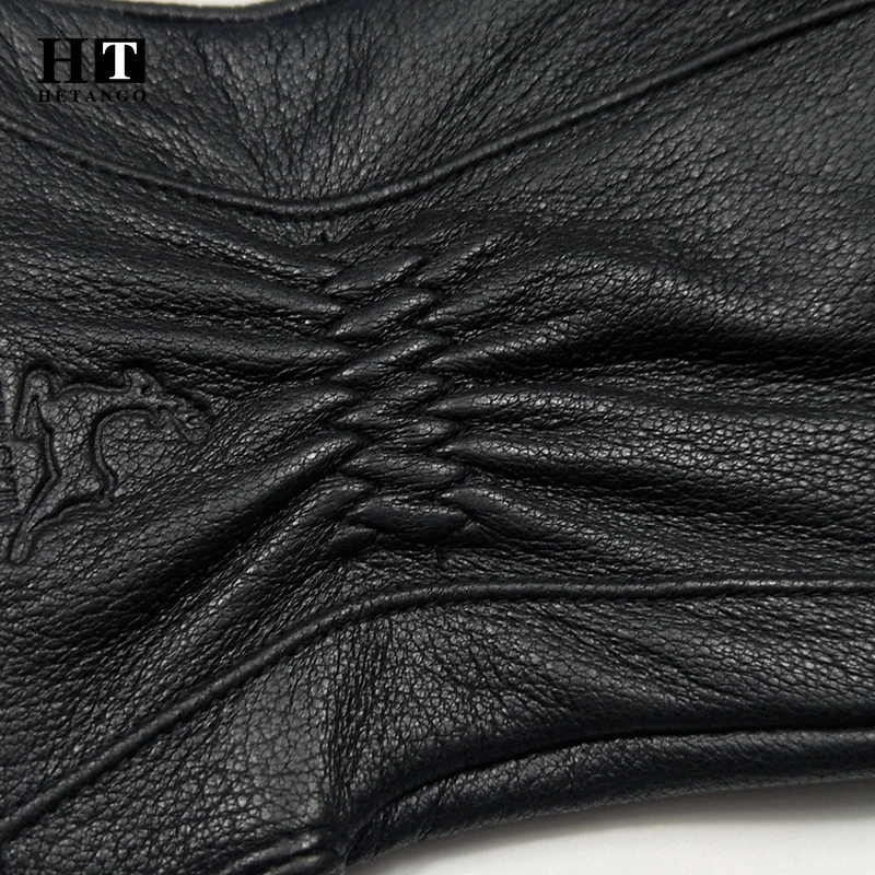 Зимние мужские кожаные перчатки теплые мягкие черные плиссированные уличные из