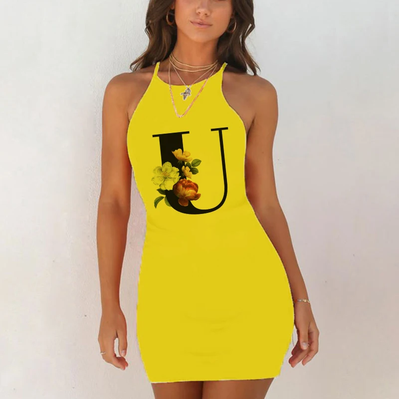 

Sexy Nightwear Sleepwear gown Shirts Summer Women 26 English Alphabet Print Pack Hip ie Yellow Dress