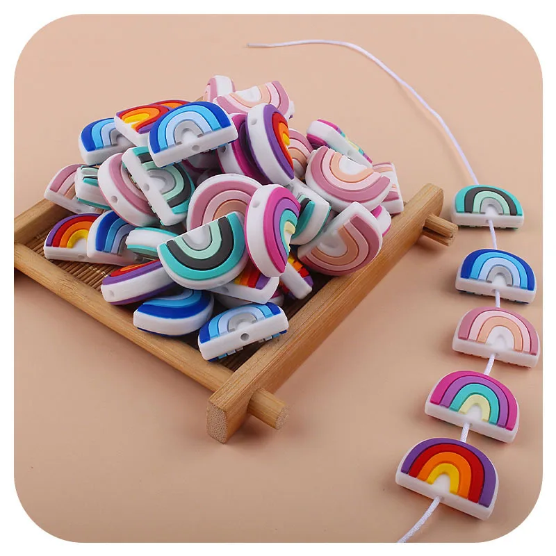 Kissteether-Cuentas de silicona de arco&iacute;ris para dentici&oacute;n de beb&eacute;, mordedor de lactancia, cuentas de silicona para reci&eacute;n nacido, chupete, cadenas, manualidades, 5 piezas-3