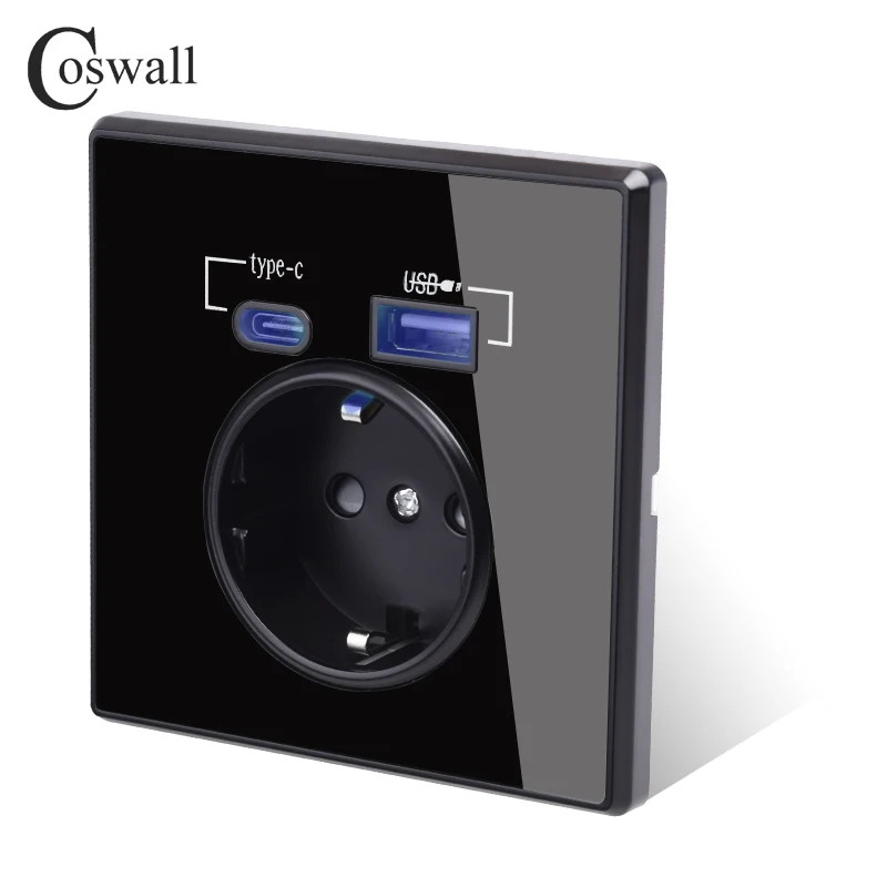 

Coswall Type-C Interface Outlet Full Mirror Crystal Panel Black Wall EU Russia Spain French Standard Socket With USB Charge Port