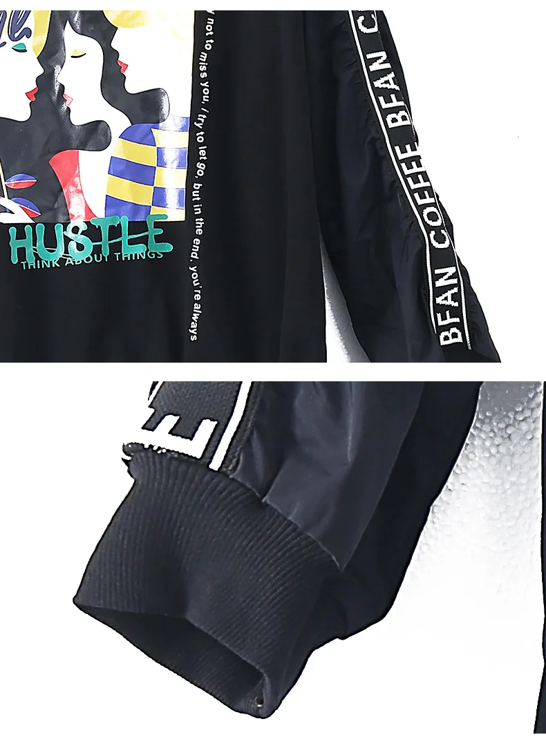 

Vefadisa Character Print Women Sweatshirt 2021 Spring Letter Print Pullover Coat Long Sleeve Patchwork Sweatshirt Black QYF5056