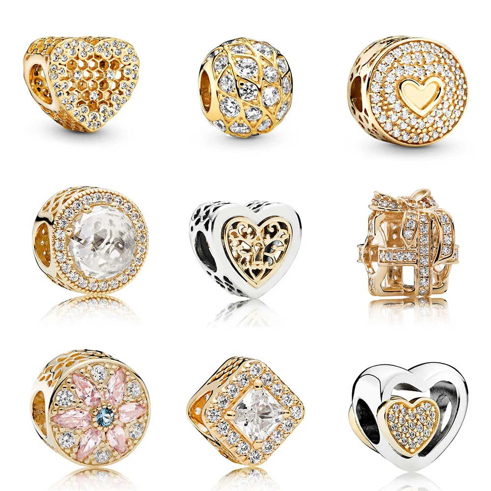 

925 Sterling Silver Bead Charm Gold Heart Shape Gift Box Bead For Women Diy Pandora Charm Bracelet Necklace