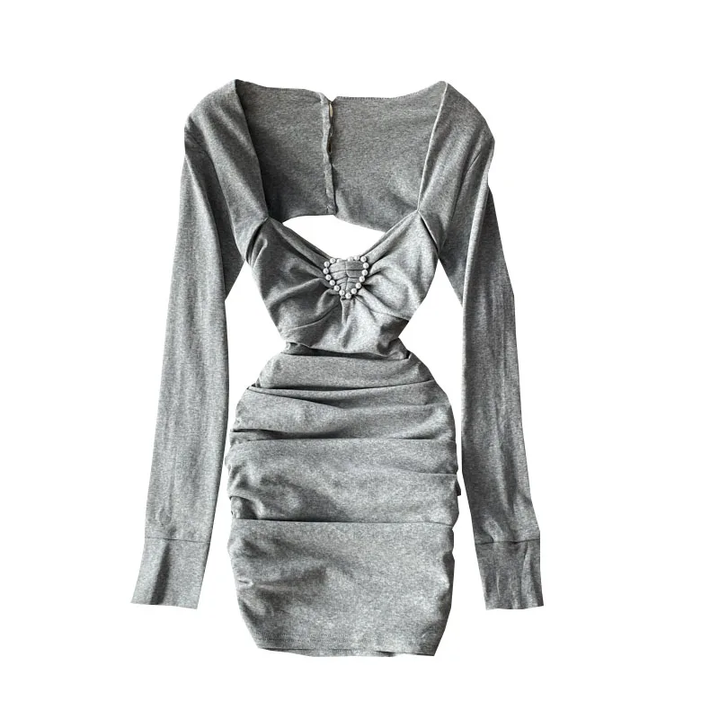 

Spring Autumn New Temperament Ladies Low-cut Sexy Square-neck Slim-fit Pleated Hip Long-sleeved Dress UK551