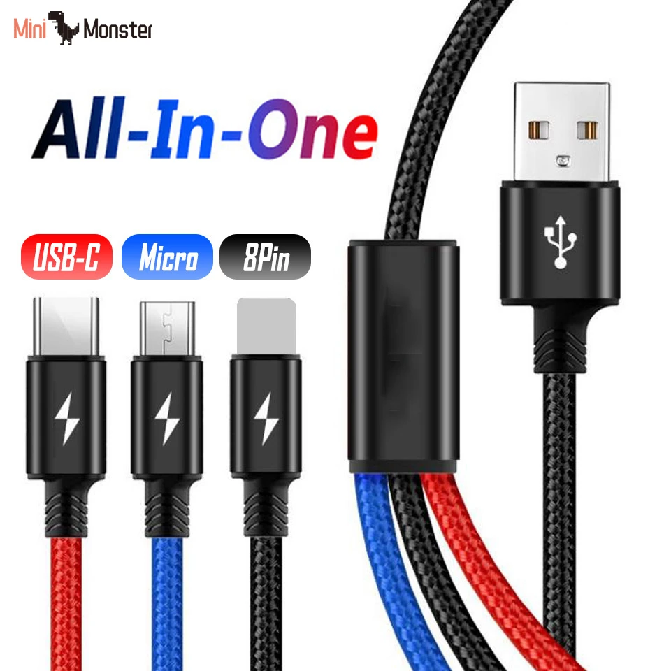 3 в 1 Micro USB мульти зарядный кабель для huawei Honor 9 8 Lite 9i 8X Max 7C usb type C Шнур зарядное