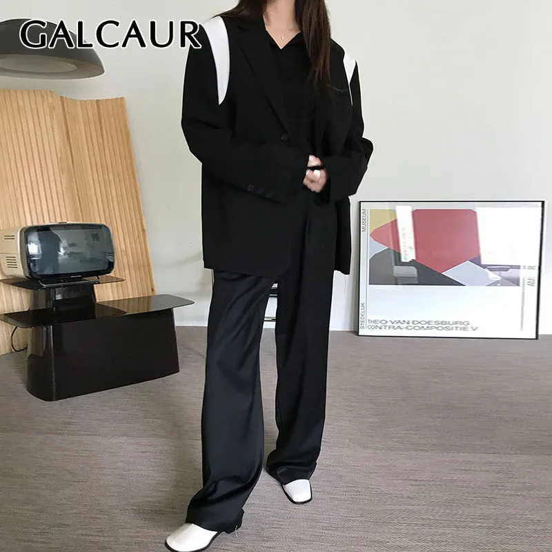 

GALCAUR Loose Two Piece Set Women's Notched Collar Long Sleeve Blazer High Waist Loose Wide Leg Pants Female Suits Female Autumn