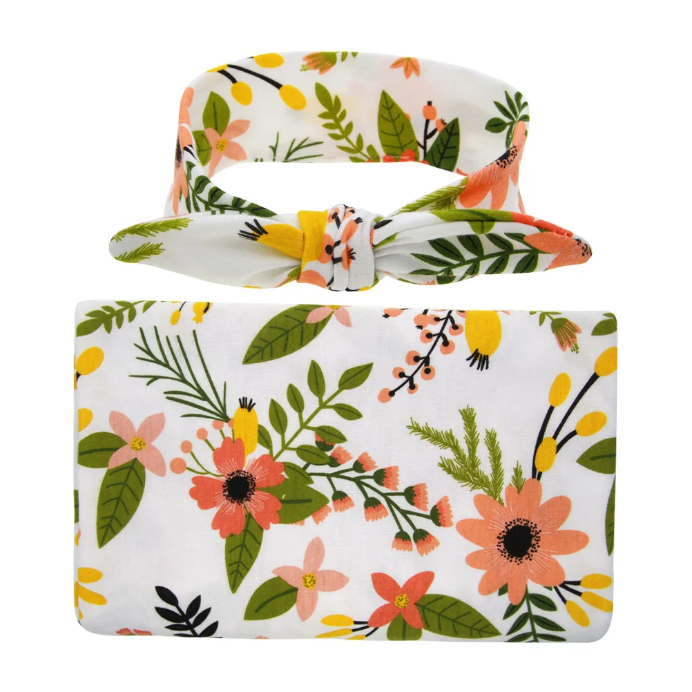 

Newborn Infant Baby Swaddle Blanket Sleeping Swaddle Head Wrap Headband Set (Flower)