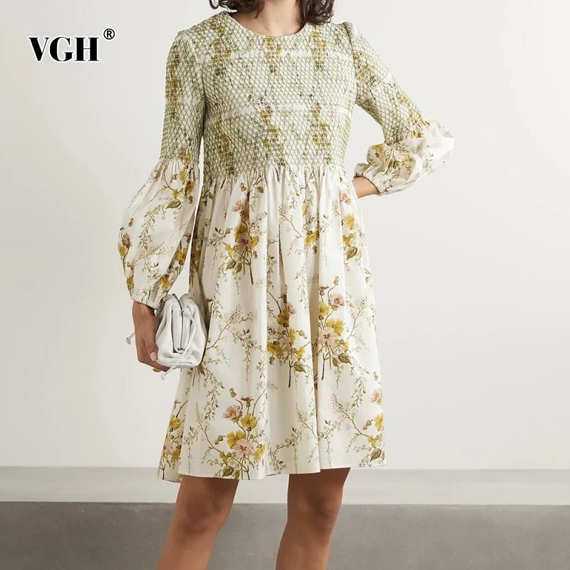 

VGH Elegant Print Dress For Women O Neck Puff Long Sleeve High Waist Patchwork Midi Dresses Female Summer Fashion New 2021