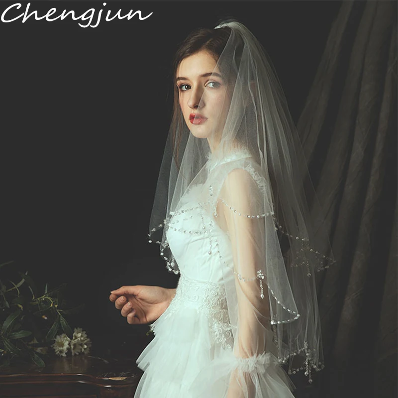 Chengjun мягкая Тюлевая двухслойная фата с бисером по краю новая свадебная