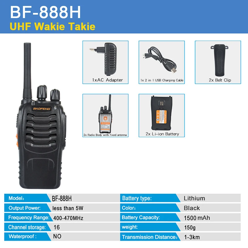 2 шт. Baofeng BF-888H рация UHF 5 Вт 400-470 МГц дешевая двухсторонняя с USB зарядным устройством