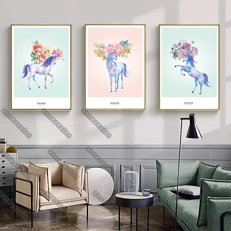 

Modern Style Cartoon Animal Pictures Horses Wearing Bunch of Flowers In Head Canvas Painting Poster for Home Rooms Wall Decorati
