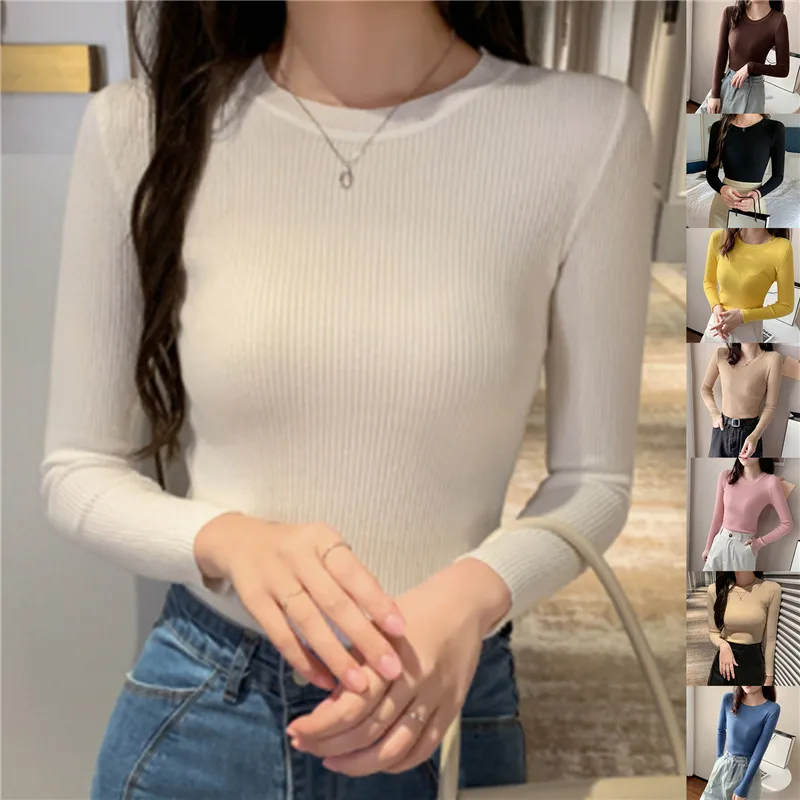 

Autumn and Winter Women's Sweater Knitted for Women Thin Long Sleeve Top Women Solid O-neck Clothing Female 2021 Basic Sweaters