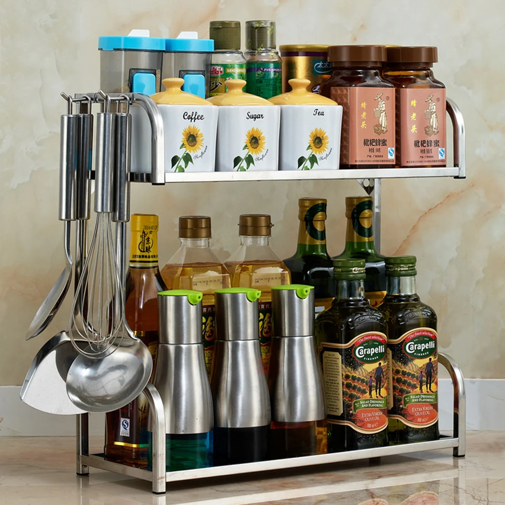 

2-Tiers Kitchen Storage Rack Stainless Steel Kitchen Seasoning Shelf Kitchen Tool Holder Bathroom Floor Storage Rack