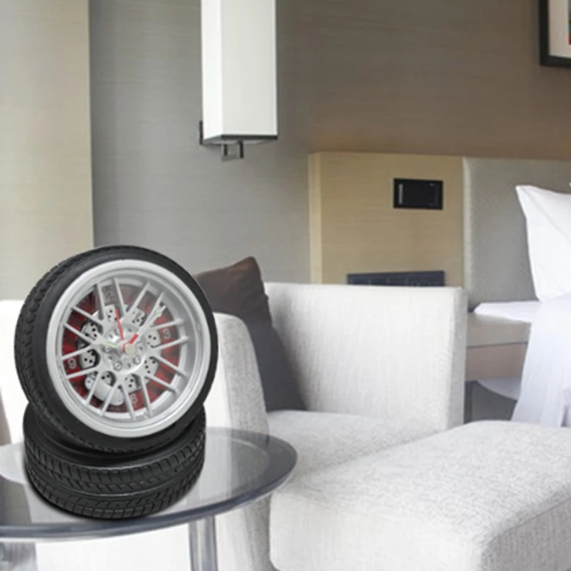 

2x Car Tires Alarm Clock Children Toy Gifts Clock Students Desktop Small Alarm Clock Theme Room Decorations Blue & Red