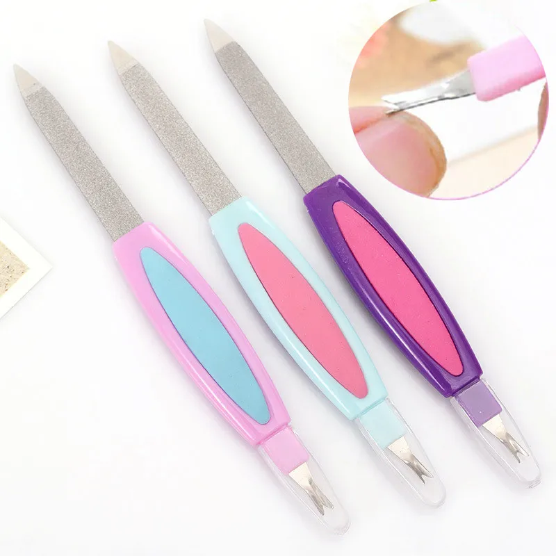 

2 In 1 Metal Nail Art File Double Head Cuticle Remover Manicure Trimmer Buffer Tool Professional Nail Clean Tool Random Color