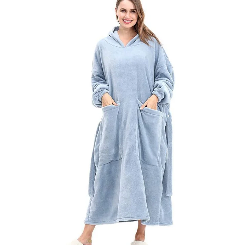 

Oversized Long Flannel Hoodie Blanket With Sleeves Solid Color Hoody Sweatshirt Winter Women Pocket TV Blanket with Belt WF156