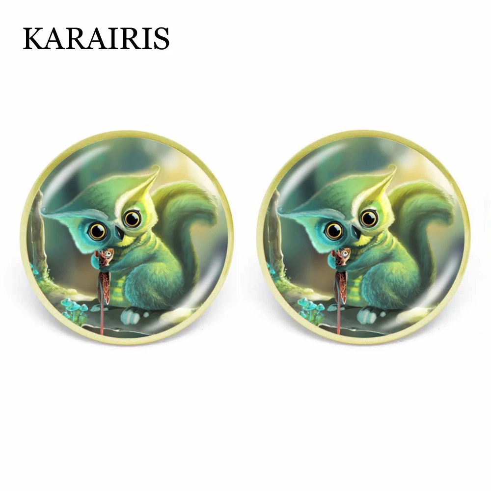 

KARAIRIS Lovely Owl Glass Earrings Bird Art Glass Animal Cabochon Earrings Jewelry Owls Pattern Stud Earring Women Handmade Gift