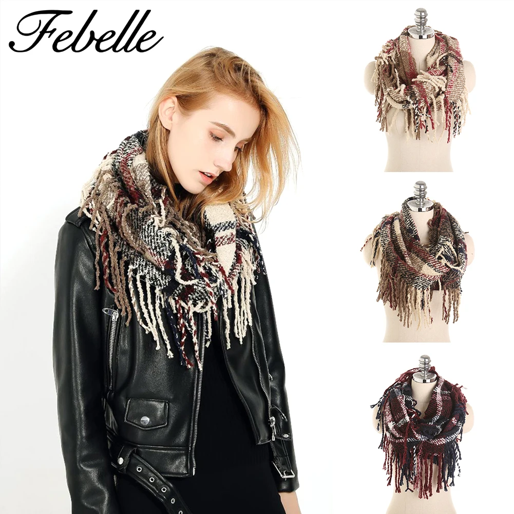 Febelle зимний женский клетчатый шарф кашемировый вязаный снуд теплый Сарф