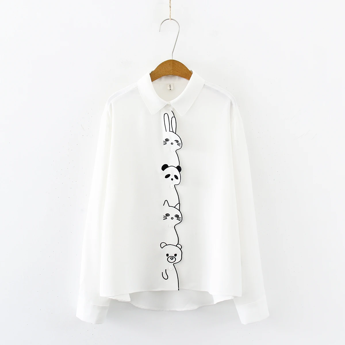 White Blouse Женская хлопковая белая рубашка с вышивкой в виде кролика, панды, кота, медведя милая блузка для девочек с отложным воротником на пуговицах Feminina Blusa T9 - Цвет: White Blouse