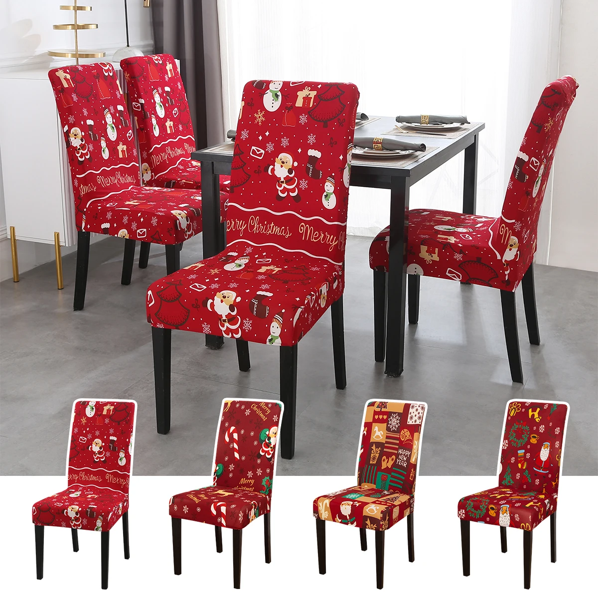 

Christmas Chair Covers Santa Claus Print Seat Cover Xmas Dining Room Decoration Banquet Home Spandex Stretch Chair Slipcover