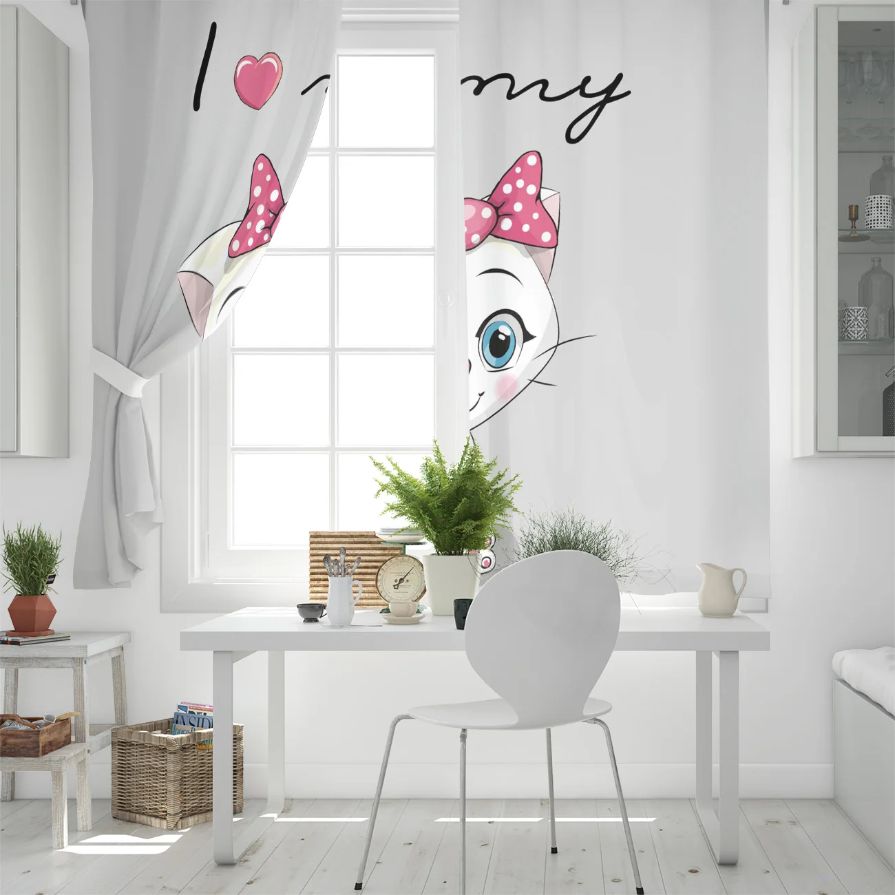 Розовые оконные шторы с котенком и бантом для гостиной кухни детской спальни