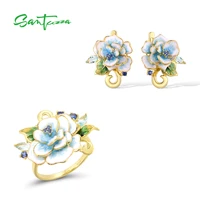 santuzza pure 925 sterling silver jewelry set for women gold color elegant blue flower shiny zirconia enamel party fine jewelry