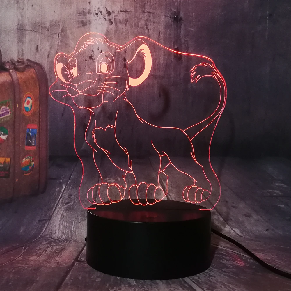Милый маленький светодиодный 3d светильник Simba Король Лев ночник 7 цветов