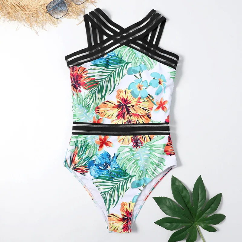 

2021 New Sexy One Piece Swimsuit Women Leaf Print Swimwear Female Mesh Patchwork Bathing Suit Summer Beach Wear Swim Bather Lady