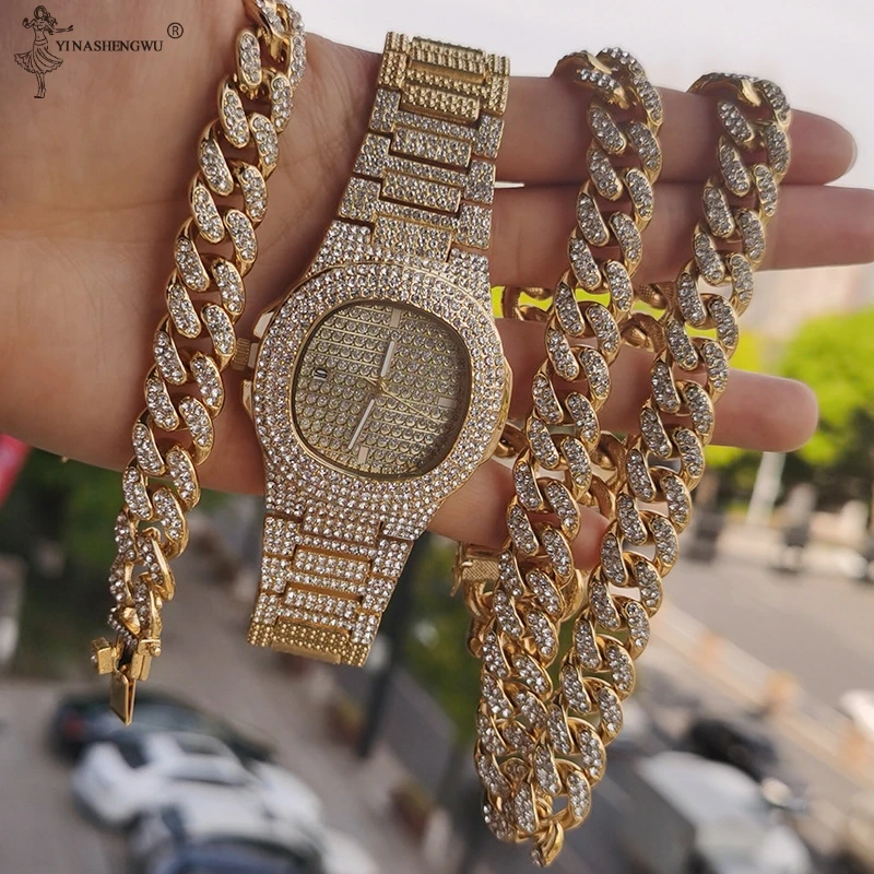 

Iced Out Necklace +Watch+Bracelet Hip Hop Miami Curb Cuban Chain Paved Rhinestones CZ Bling Rapper Singer For Men Woman Jewelry