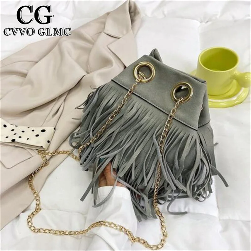 

Cvvo Glmc High Quality Tassel Nubuck Leather For Women 2021 New Metal Chain Women Shoulder Bag Luxury Bucket Satchel Ladys