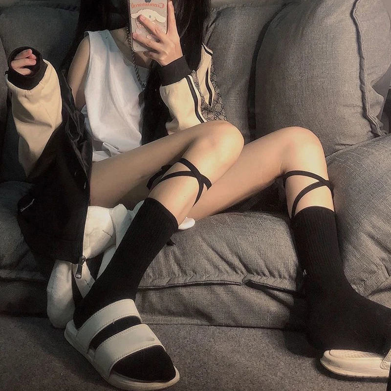 

Japanese Reflective Stockings Bandage Lolita Socks Long Knee Socks Korea Style Women White Cotton Socks Cosplay JK Socks Cute
