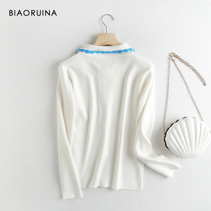 Женский двубортный кардиган BIAORUINA милый вязаный с вышивкой и отложным воротником