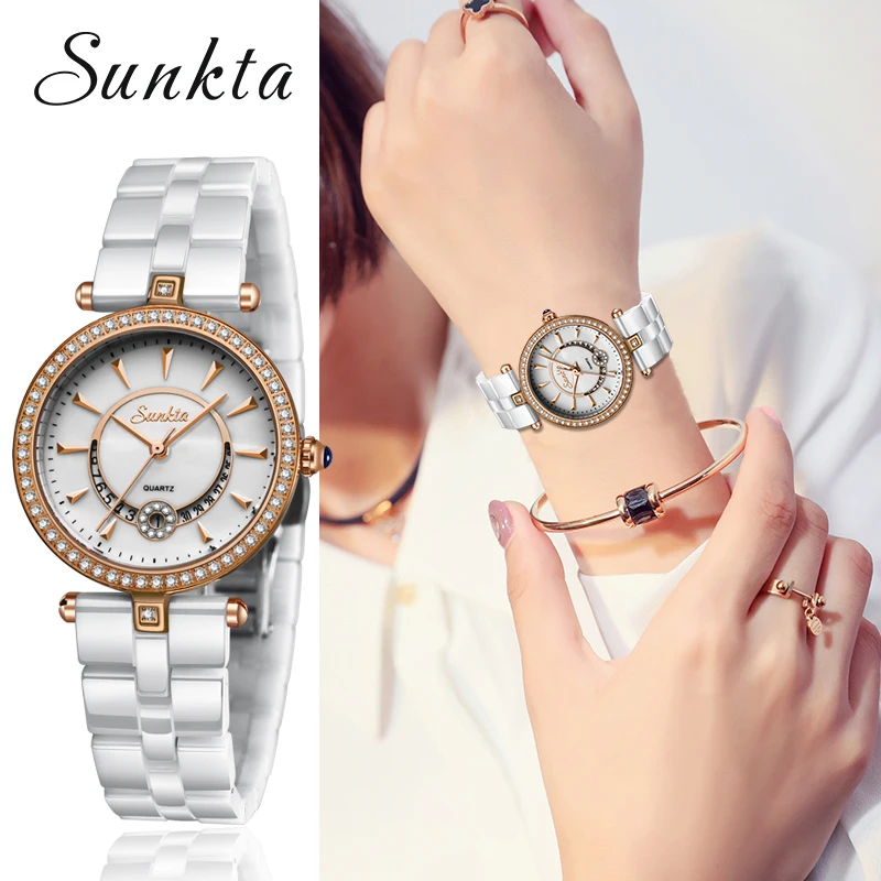 Часы SUNKTA женские керамические водонепроницаемые с календарем|Женские наручные часы| |