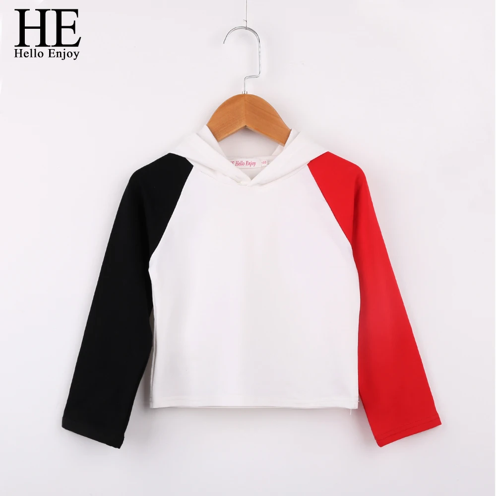 

HE Hello Enjoy Kids 2020 Autumn Hoodies Girls Sweatshirts Long Sleeve Tops with Hat Girl Stitching Color Patchwork Cool Outfits