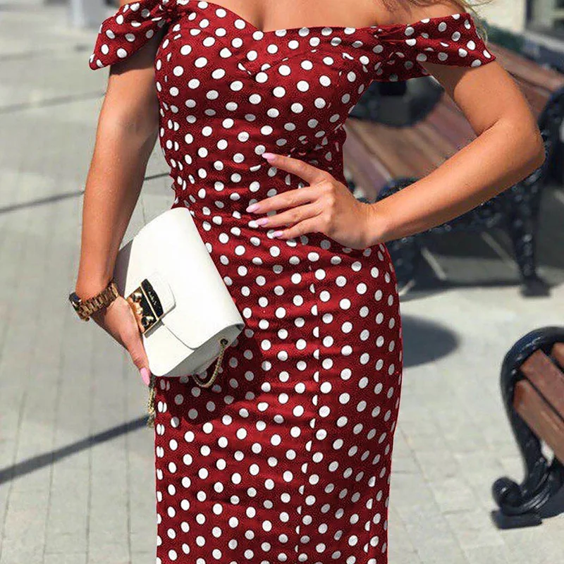 

WEPBEL Summer Casual Spaghetti Strap Strapless High Waist Pencil Dress Women's Sexy Polka Dot Slim Dress