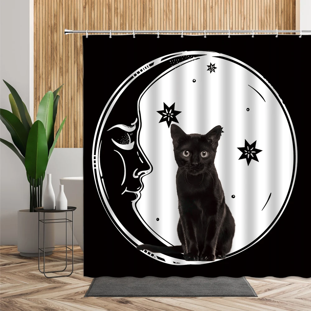 

Водонепроницаемая занавеска для душа Black Cat, креативная занавеска для ванны с изображением животных, Луны на черном фоне, декоративная занав...