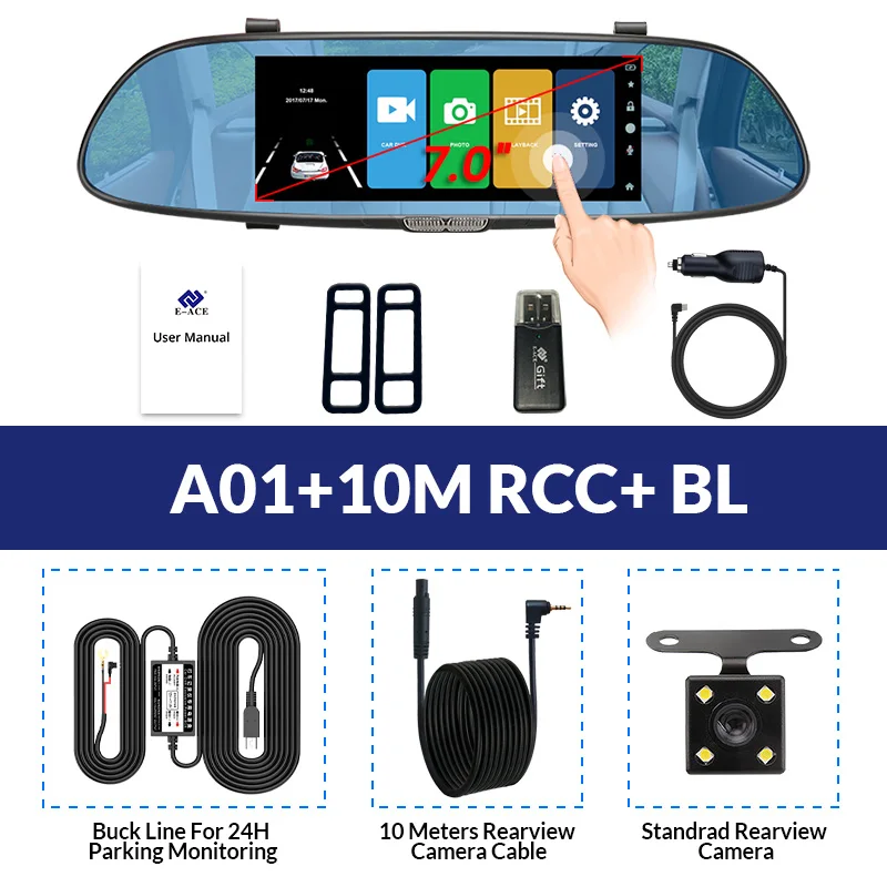 E-ACE Автомобильный видеорегистратор FHD 1080P Dashcam 7 дюймов dvr зеркало видео рекордер автомобильная камера с камерой заднего вида авто регистратор Dvrs видеорегистратор