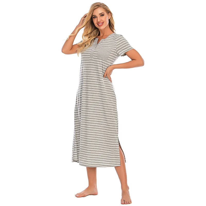 

New Women Long Night Dress Nightgown Striped Home Dresses Loungewear Ladies Homewear Casual Loose Sleepwear Women's Home Clothes