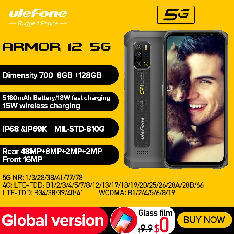 Ulefone Armor 12 5G Rugged Phone Android 11 8GB+128GB Mobile Phones 6.52“ Waterproof Smartphone 5180 mAh Wireless Charging NFC