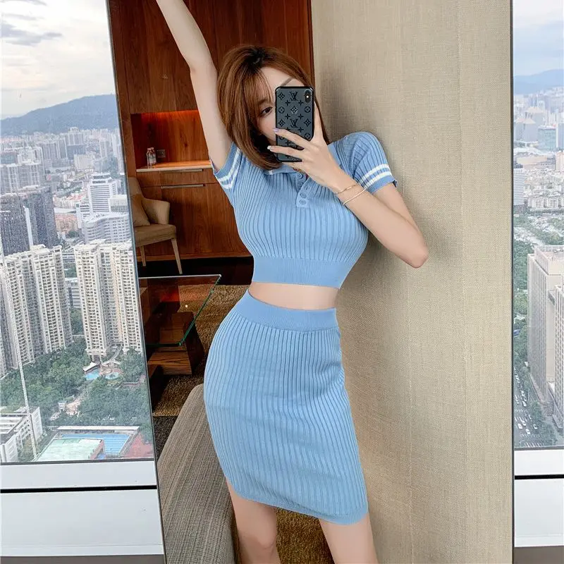 

2021 New Knitted Ribbed Fashion Women Two Piece Sets Short Sleeve Casual Bodycon Outfits Button Crop Top And Skirt Co-Ord Sets
