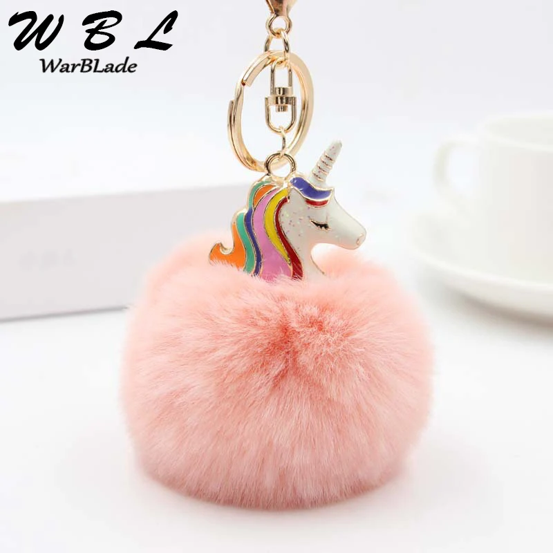 WarBLade Lovely Unicorn Keychain Women Car Bag Key Ring Artificial Fluffy Rabbit Fur Ball Pompom Chain Porte Clef chaveiro | Украшения и