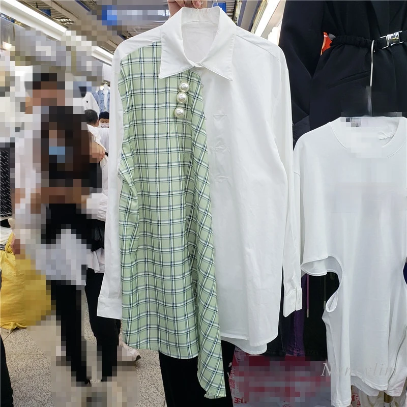 

Big Pearl Buckle Plaid Stitching White Shirt Woman 2021 Spring Autumn New All-Match Loose Blouse Elegant Lady Blusas Top