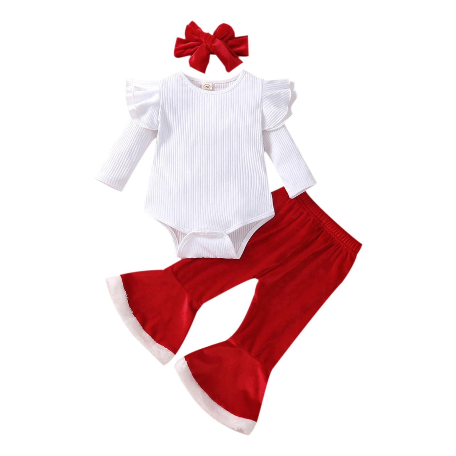 

Newly 3 Pcs Newborn Christmas Outfits, Baby Girls Solid Color Fly Sleeve Round Neck Playsuit + Flared Pants + Bow Headband