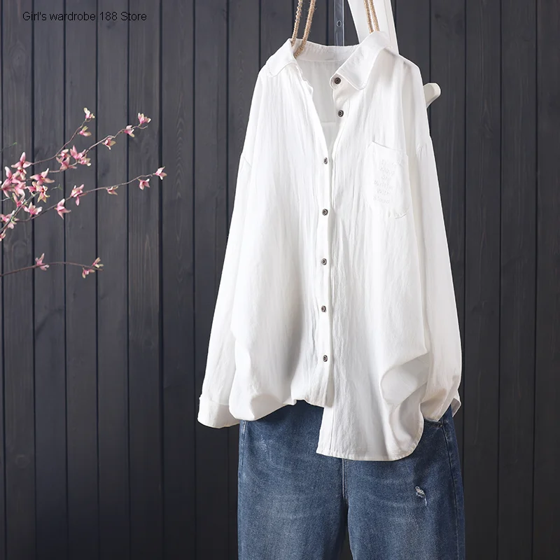 

autumn new products loose literature and art solid color button Lapel long sleeve shirt women's cotton top wear