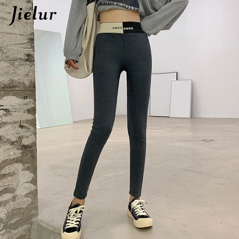Темно-серый Jielur хлопковые спортивные Леггинсы женские эластичные штаны с высокой талией корейская мода пэчворк обтягивающие серые черные леггинсы женские M-XL - Цвет: Темно-серый