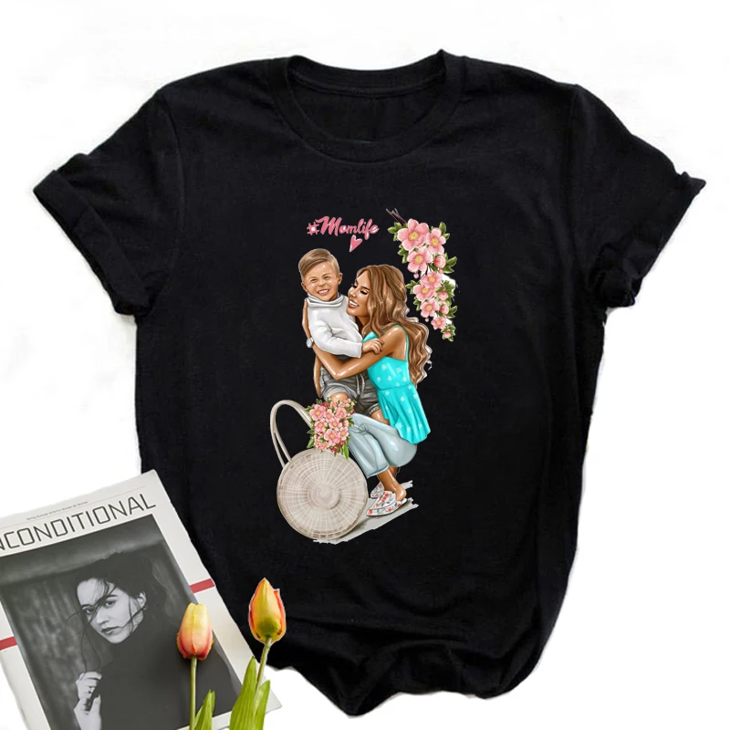 

Urban Graphic Design Women's T-Shirts Dress Happy Mother Baby Cartoon Women T-Shirts For Summer Summer Fashion Women's Clothing